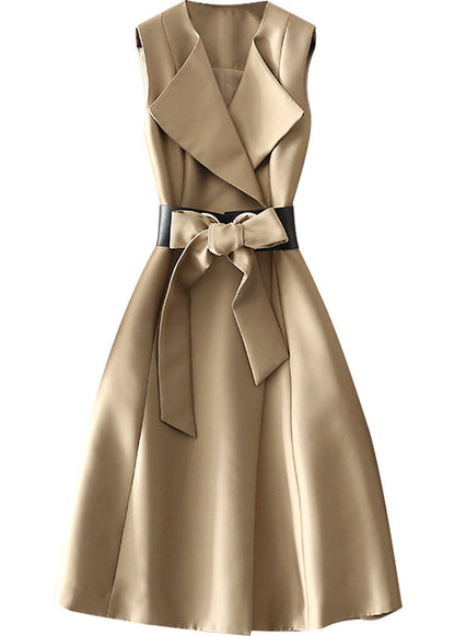 Khaki Peter Pan Collar Bow Cotton Dress Sleeveless Summer