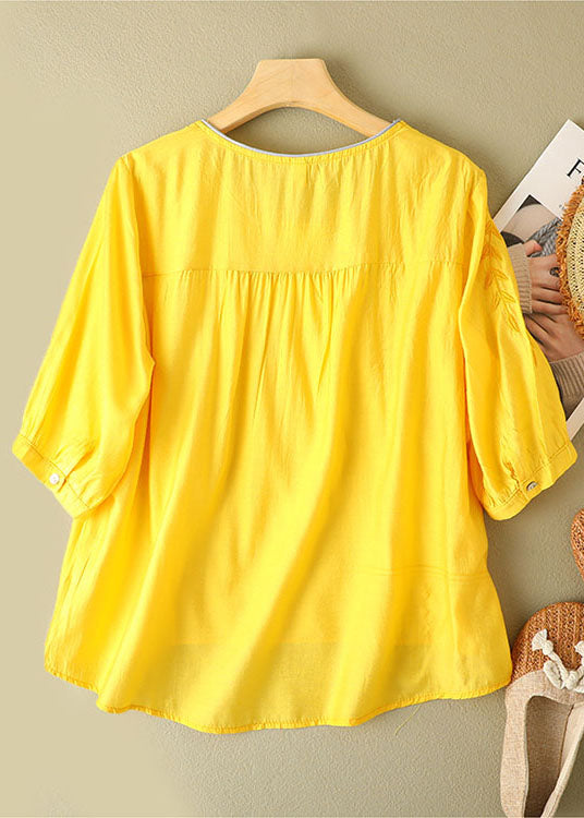Yellow Color O-neck Embroideried Linen Top Half Sleeve