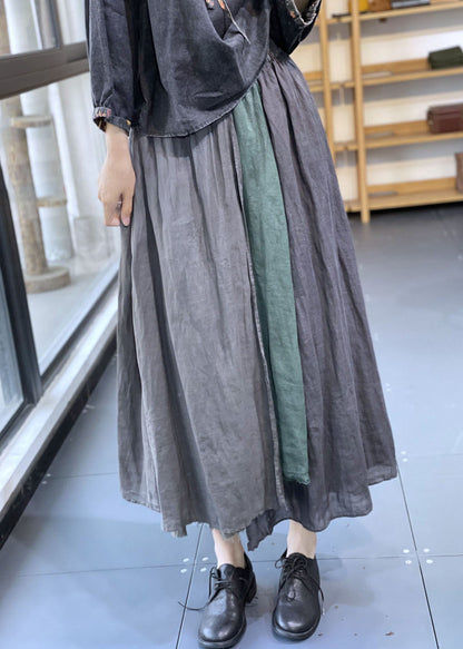 Grey Elastic Waist Asymmetrical Patchwork Linen Skirt Spring