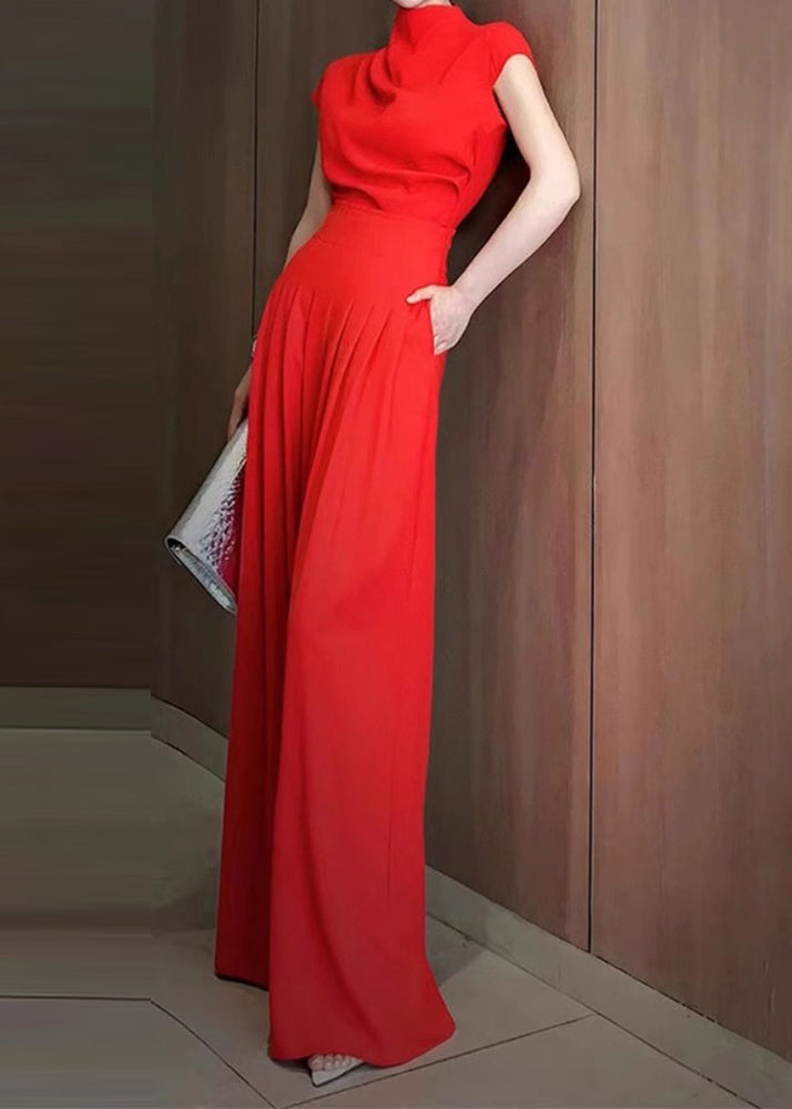 New Red Turtleneck Top and Wide Leg Pants Two Pieces Set Short Sleeve