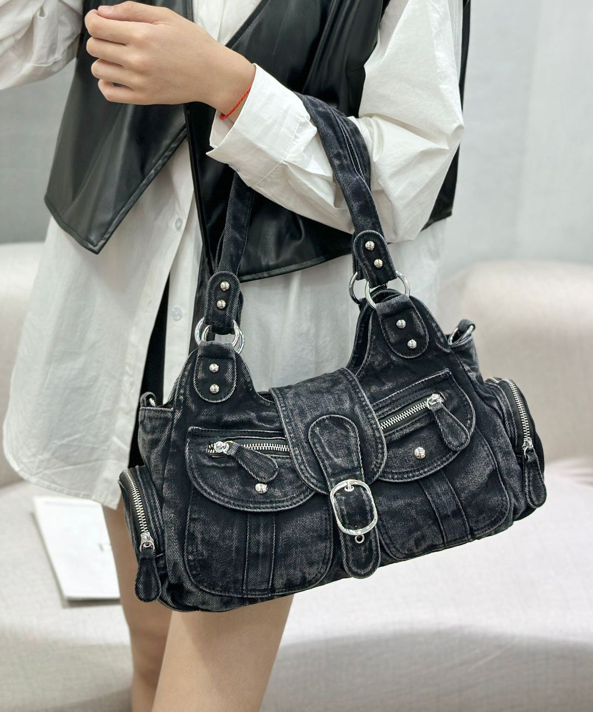 Blue Pockets Patchwork Denim Hobo Bag