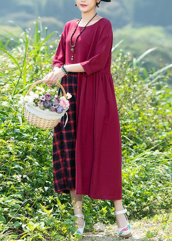 Simple Red Plaid Dress O Neck Patchwork Art Spring Dress