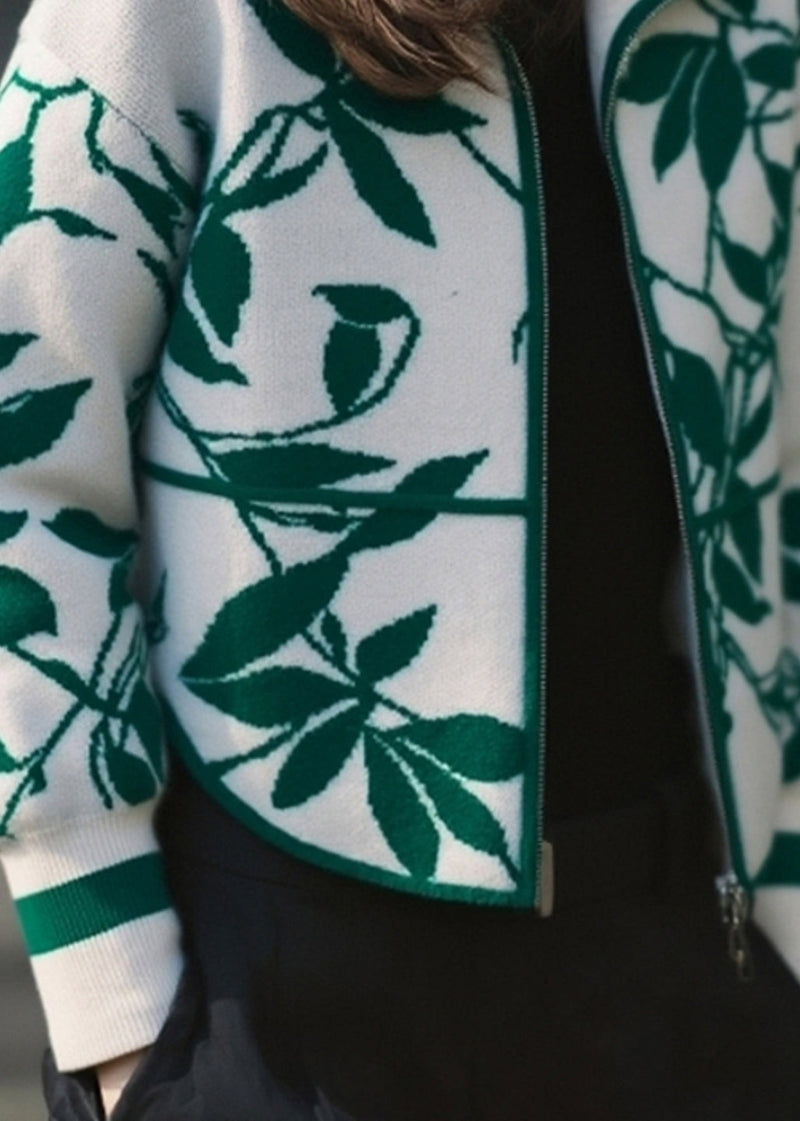 Green Zippered Patchwork Cotton Knit Cardigans Fall