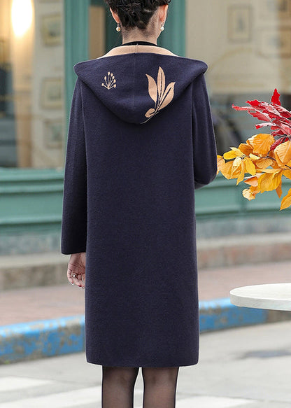 Navy Jacquard Zircon Hooded Woolen Coat Spring