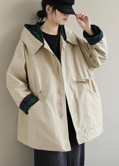Khaki Long Coats Hoodie Zip Up Spring Coat