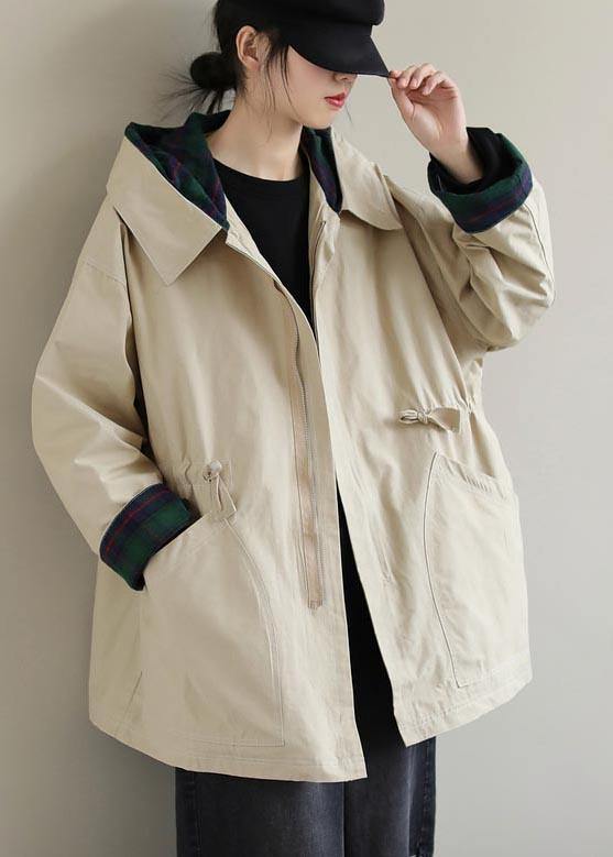 Khaki Long Coats Hoodie Zip Up Spring Coat