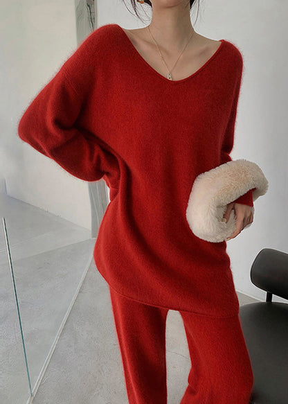 Red Sweaters and Pants Knit 2 Piece Outfit Fall