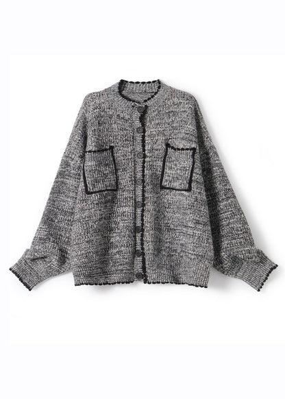 Grey O-neck Patchwork Button Cotton Knit Cardigans Fall