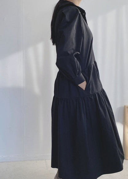 Black Ruffled Wrinkled Cotton Dress Spring
