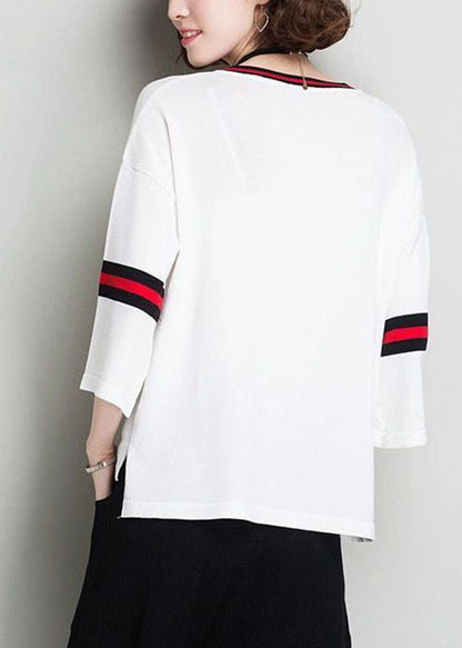White V Neck Oversized Knit Tops Bracelet Sleeve