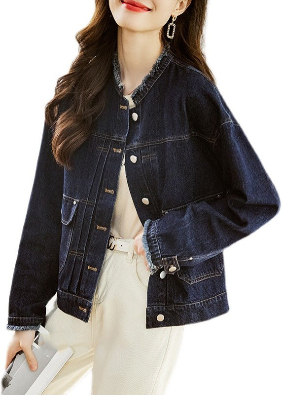 Dark Blue O-neck Pockets Patchwork Denim Coats Fall