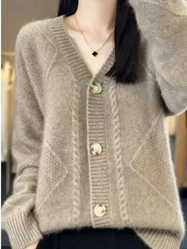 Cashmere Blend Cardigan with Delicate Cable Trim and Button Front
