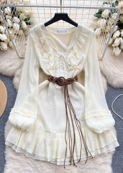 White Ruffled Lace Up Cotton Mid Dress Long Sleeve Spring