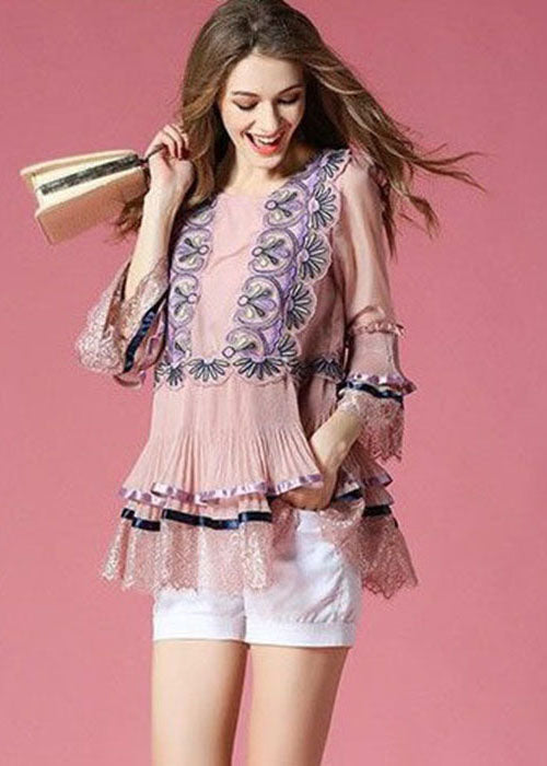 Pink Embroideried Lace Patchwork Silk Top Bracelet Sleeve