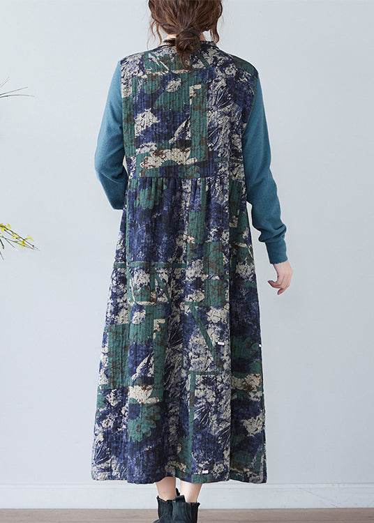 Blue Stand Collar Button Patchwork Long Dresses Long Sleeve