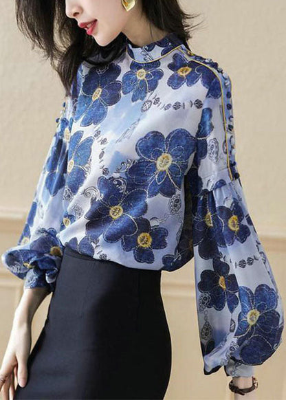 Blue Stand Collar Button Print Silk Shirt Top Spring