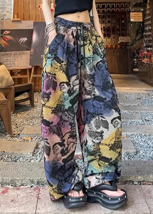 Loose Print Pockets Drawstring Cotton Pants Summer