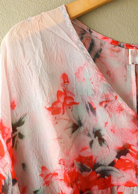 Light Pink Print V Neck Patchwork Wrinkled Cotton Top Short Sleeve
