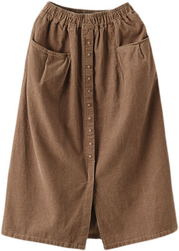 Khaki Elastic Waist Button Pockets Corduroy Skirts Spring
