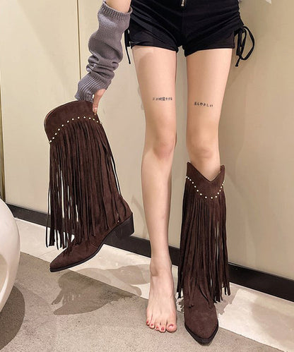 Chocolate Tassel Rivet Stylish Splicing Chunky Boots