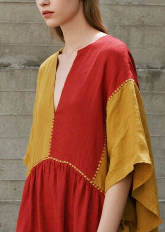 Orange Asymmetrical Patchwork Cotton Dresses Summer