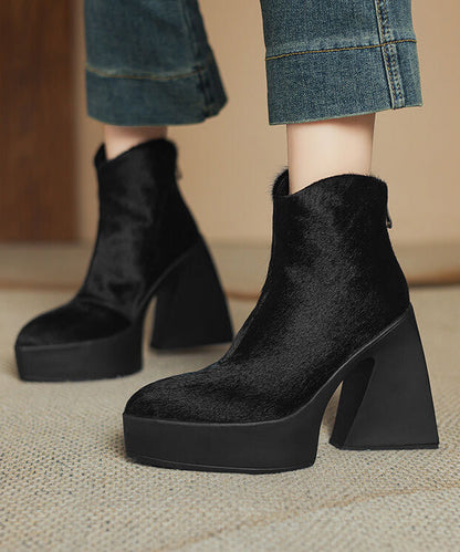 Black Chunky Heel Zippered Splicing Horsehair Boots