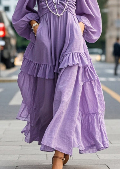 Purple Cold Shoulder Wrinkled Cotton Vacation Dresses Lantern Sleeve