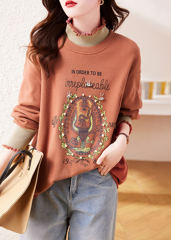 New Pink Ruffled Nail Bead Print Warm Fleece Sweatshirt Winter