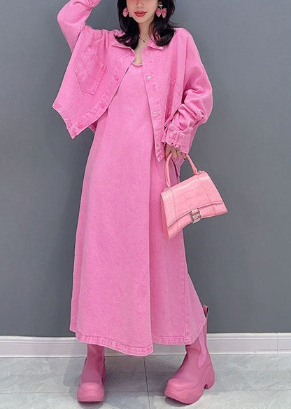 Pink Coats and Dress Denim Two Pieces Set Spring