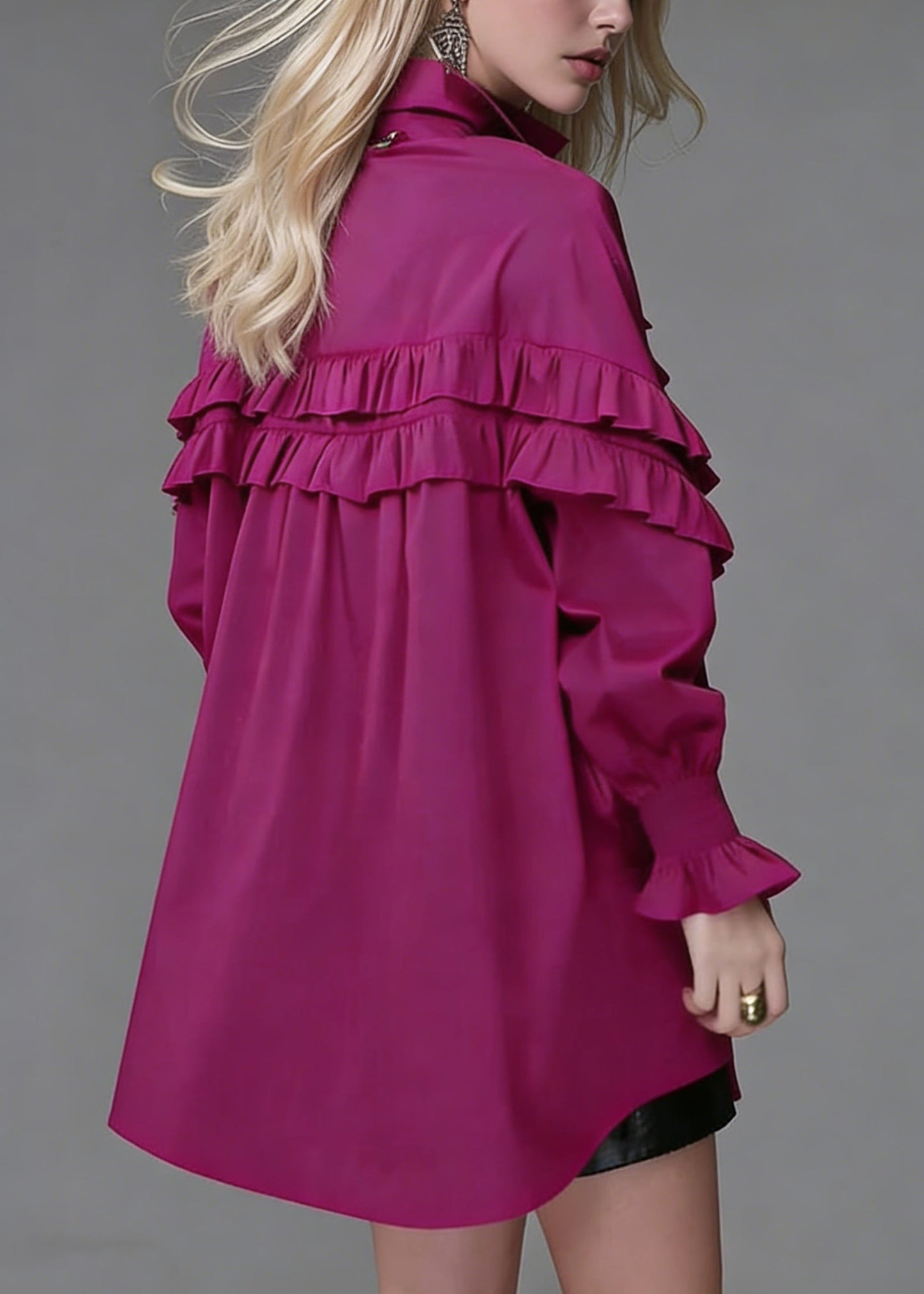 Loose Rose Ruffled Button Cotton Blouse Lantern Sleeve