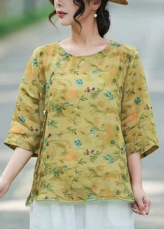 Light Purple O-neck Print Linen Tops Bracelet Sleeve