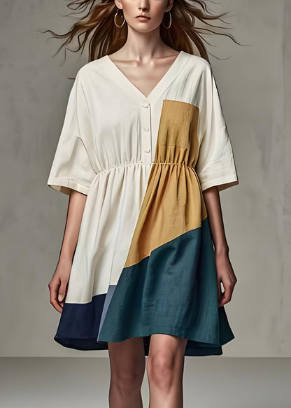 Beige V Neck Wrinkled Patchwork Linen Dress Summer