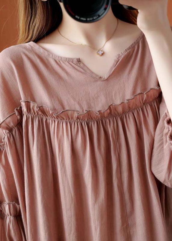 French Pink V Neck Patchwork Fall Three Quarter Sleeve Shirt Top