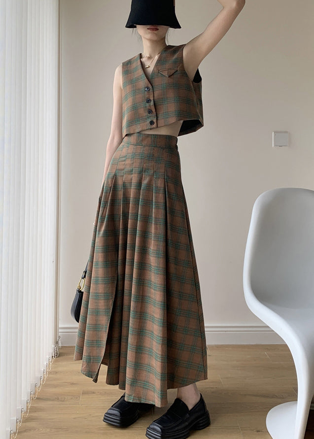 Italian Green Plaid Tops and Pleated Skirts Cotton Two Pieces Set Sleeveless