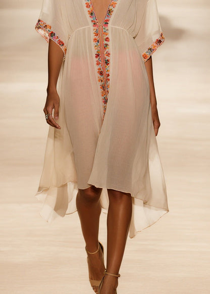 Style Apricot V Neck Cotton Vacation Dresses Summer