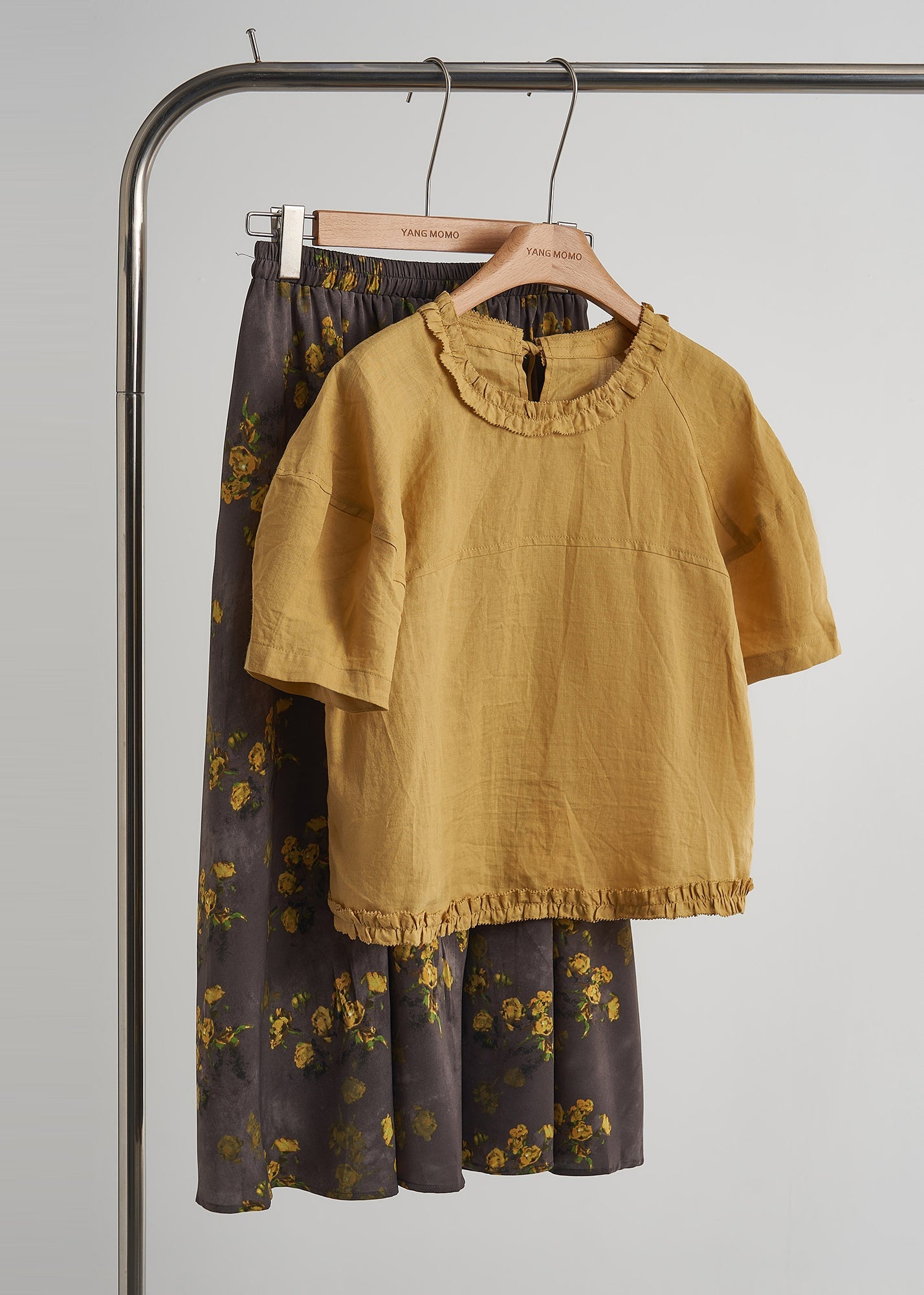 Yellow Ruffled Print Chiffoncotton Two Pieces Set Summer