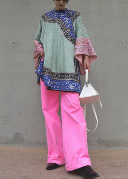 New Green Embroidered Tops and Pink Pants Cotton Two Pieces Set Spring