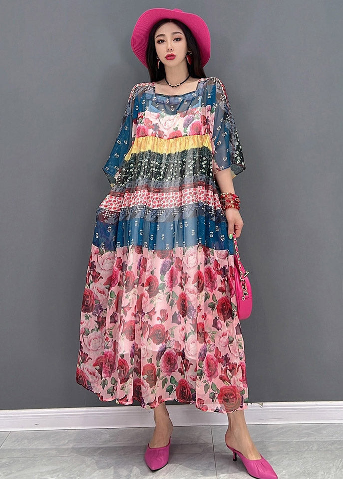 Square Collar Print Chiffon Long Dresses Short Sleeve