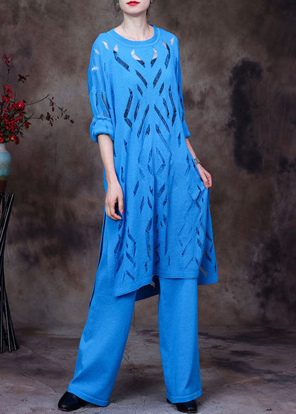 Blue O-neck Hollow Out Knit Three Pieces Set Long Sleeve