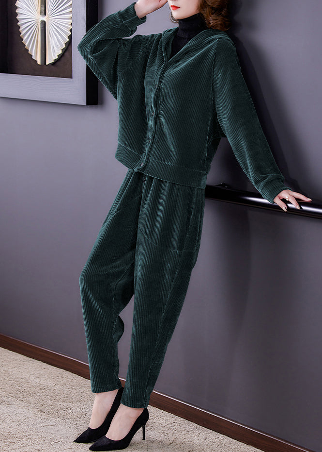 Loose Green Button Hooded Corduroy Coats and Harem Pants Two Pieces Set Long Sleeve