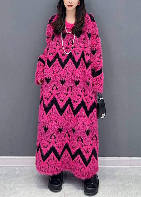 Rose O Neck Teddy Patchwork Knit Long Dress Fall