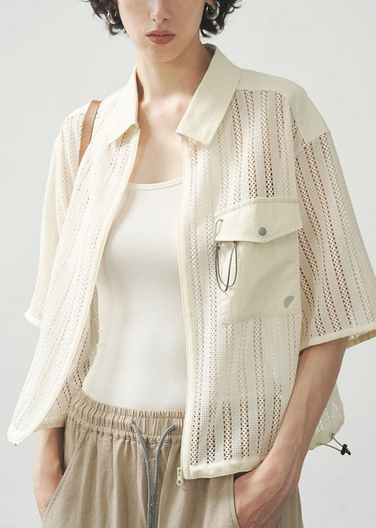 Beige Zippered Hollow Out Coat Short Sleeved