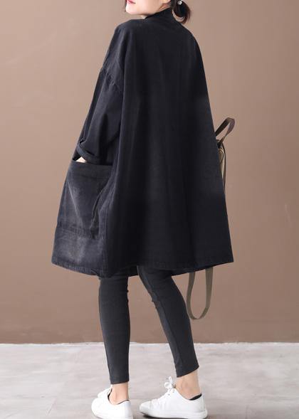 Style Denim Black Fine Clothes for O Neck Chinese Button Outwear