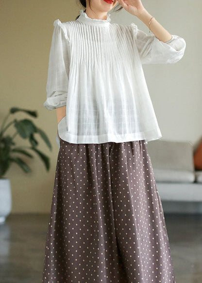 French White Ruffled Patchwork Cotton Shirt Top Long Sleeve Fall