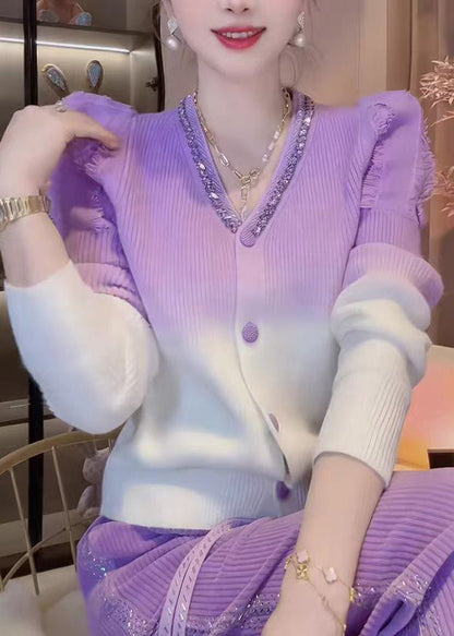 Gradient Color V Neck Zircon Knit Cardigans Fall
