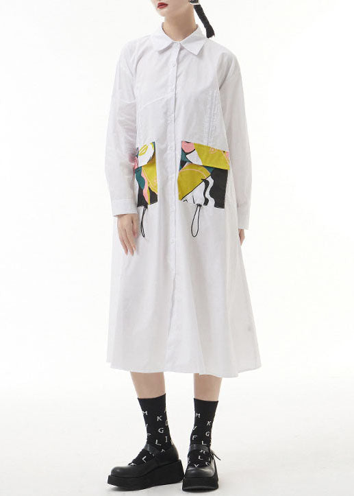 White Wrinkled Peter Pan Collar Pockets Print Shirt Dresses Spring