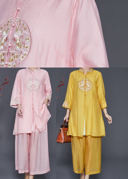 Yellow Linen Silk Two Piece Set Clothing Embroidered Spring