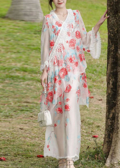 White Tasseled Asymmetrical Design Silk Two Pieces Set Fall