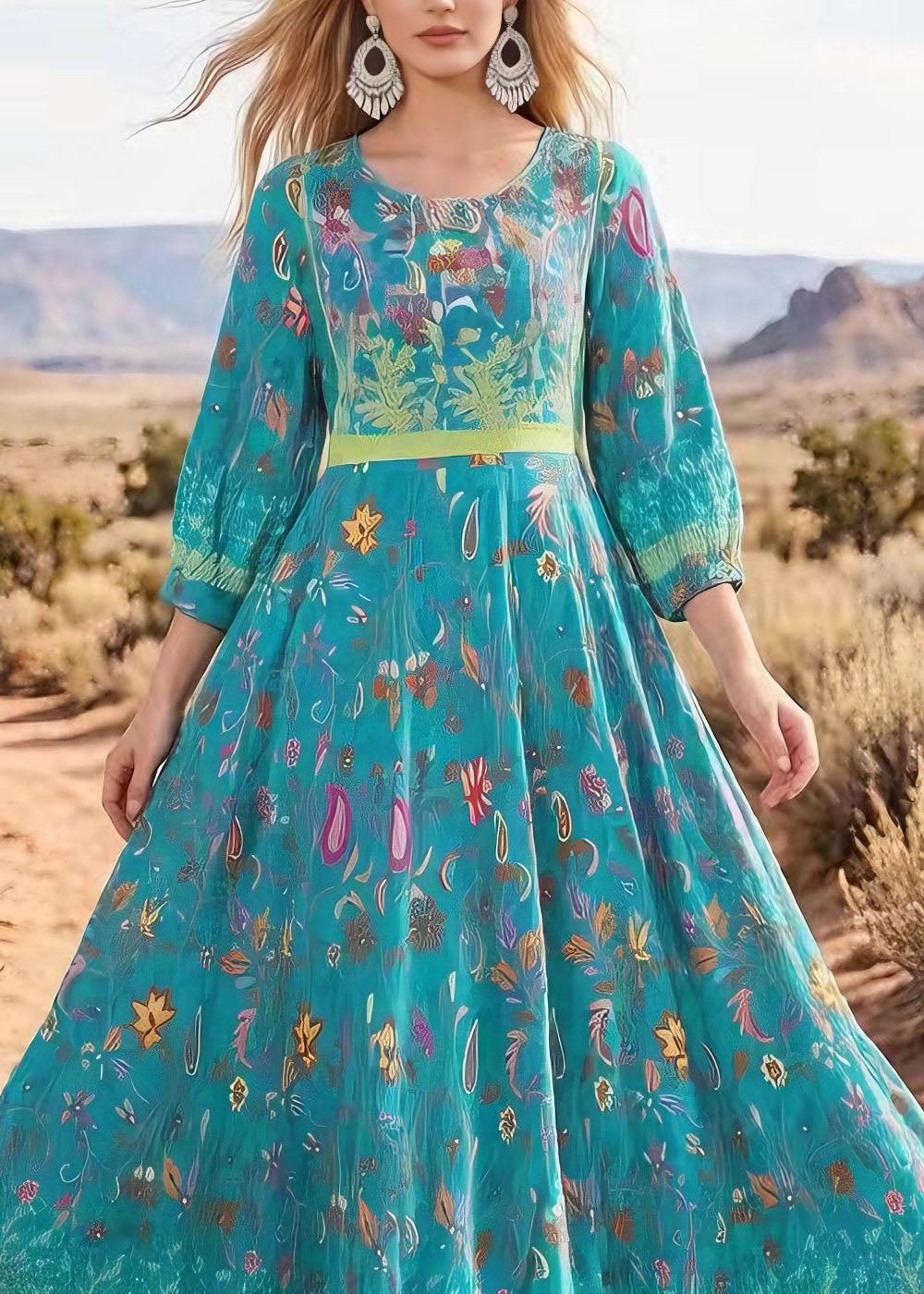V Neck Print Exra Large Hem Cotton Maxi Dresses Summer