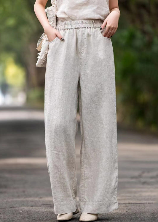 Linen Pockets Linen Summer Wide Leg Pants Elastic Waist